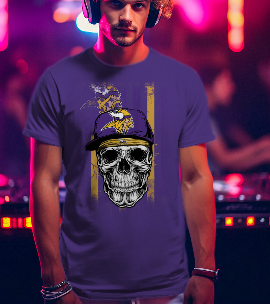 Minnesota Vikings Skull With Cap And Logo On Purple T-Shirt