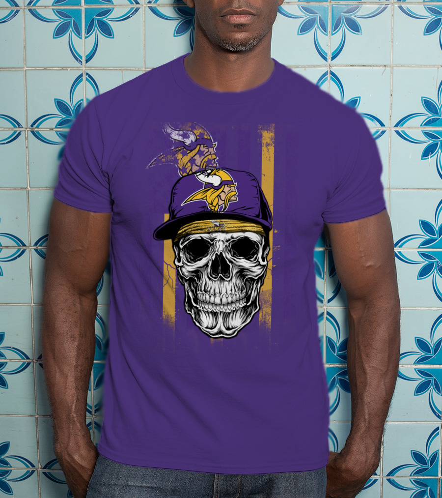 Minnesota Vikings Skull With Cap And Logo On Purple T-Shirt