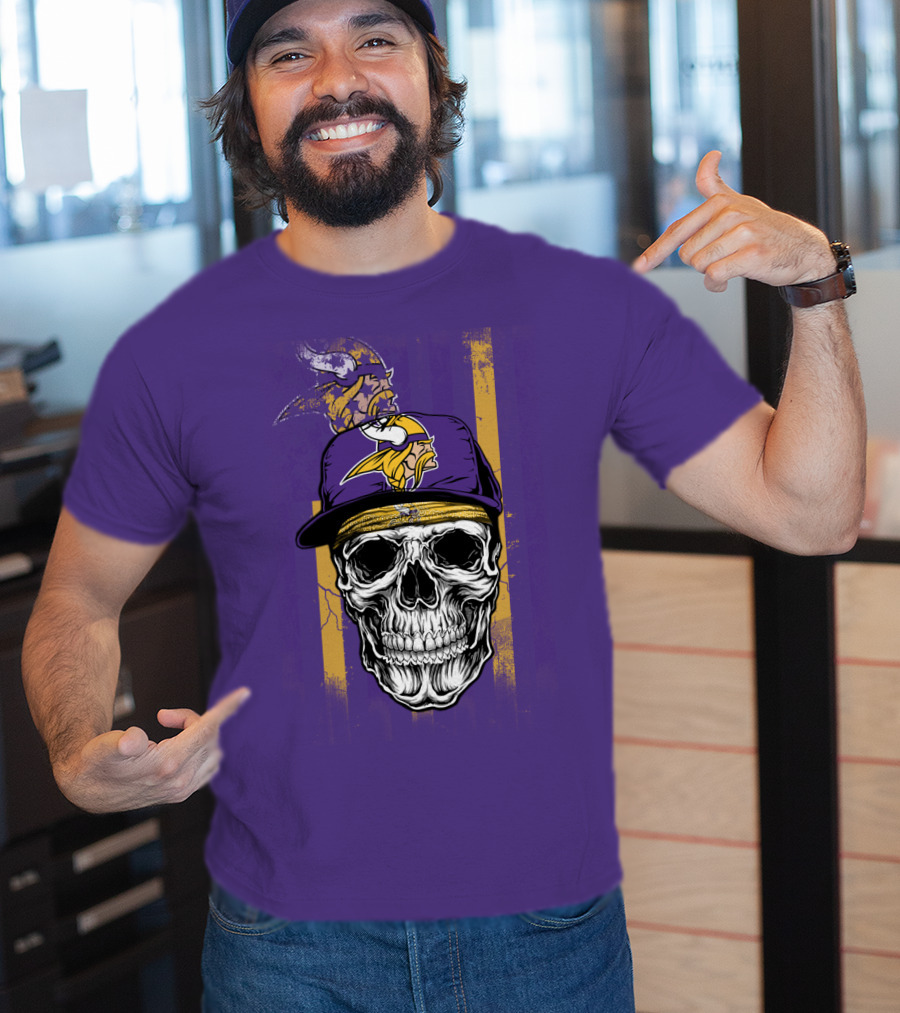 Minnesota Vikings Skull With Cap And Logo On Purple T-Shirt