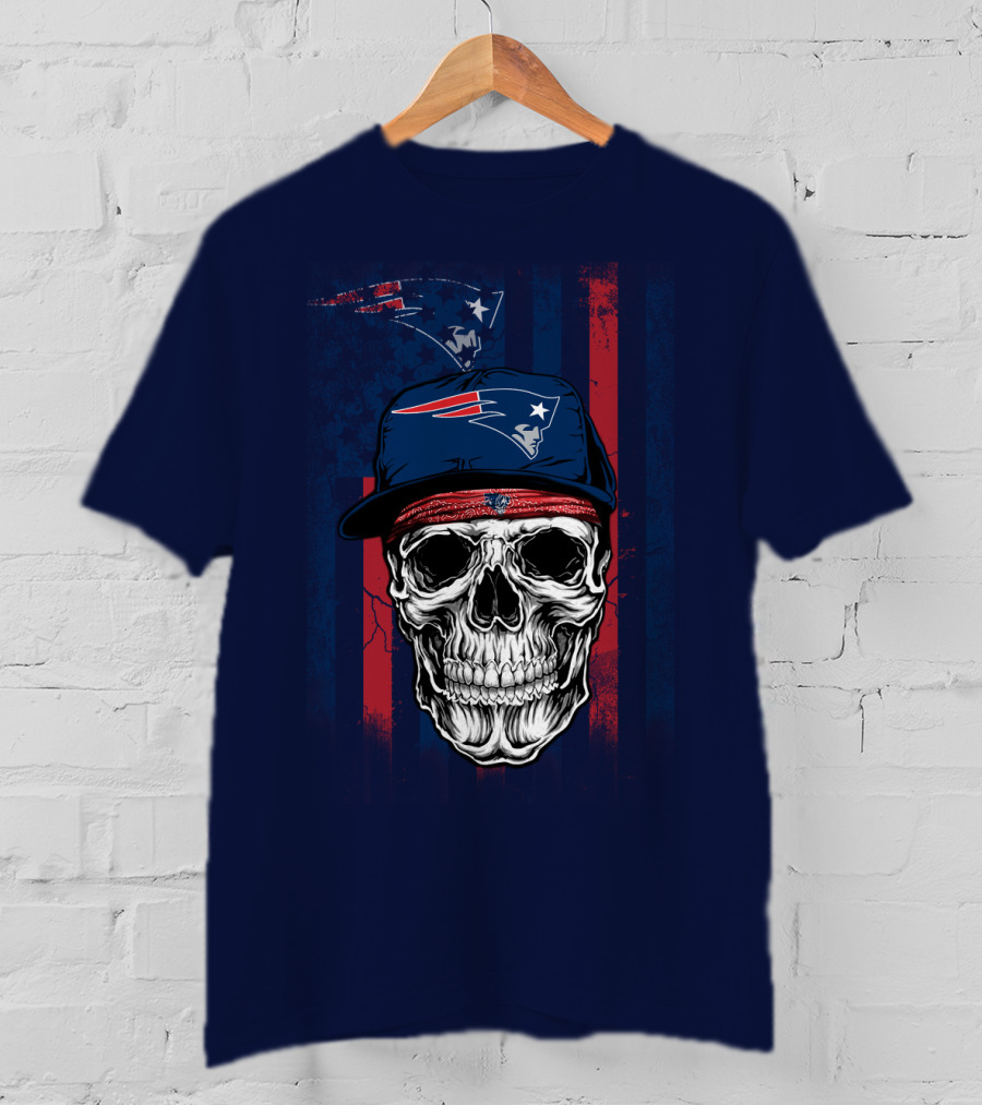 New England Patriots Skull With Cap And Red Blue Stripes T-Shirt