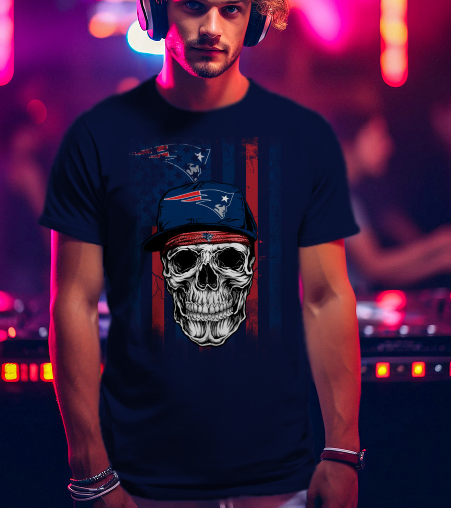 New England Patriots Skull With Cap And Red Blue Stripes T-Shirt