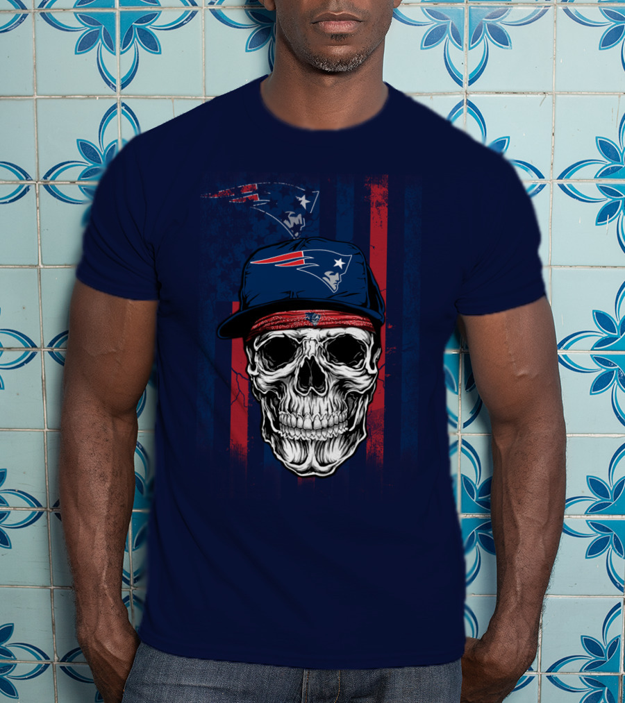 New England Patriots Skull With Cap And Red Blue Stripes T-Shirt