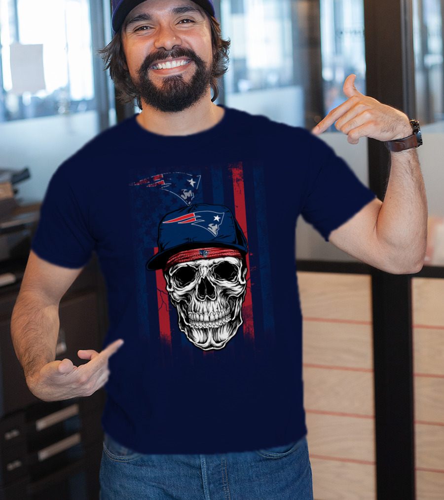 New England Patriots Skull With Cap And Red Blue Stripes T-Shirt