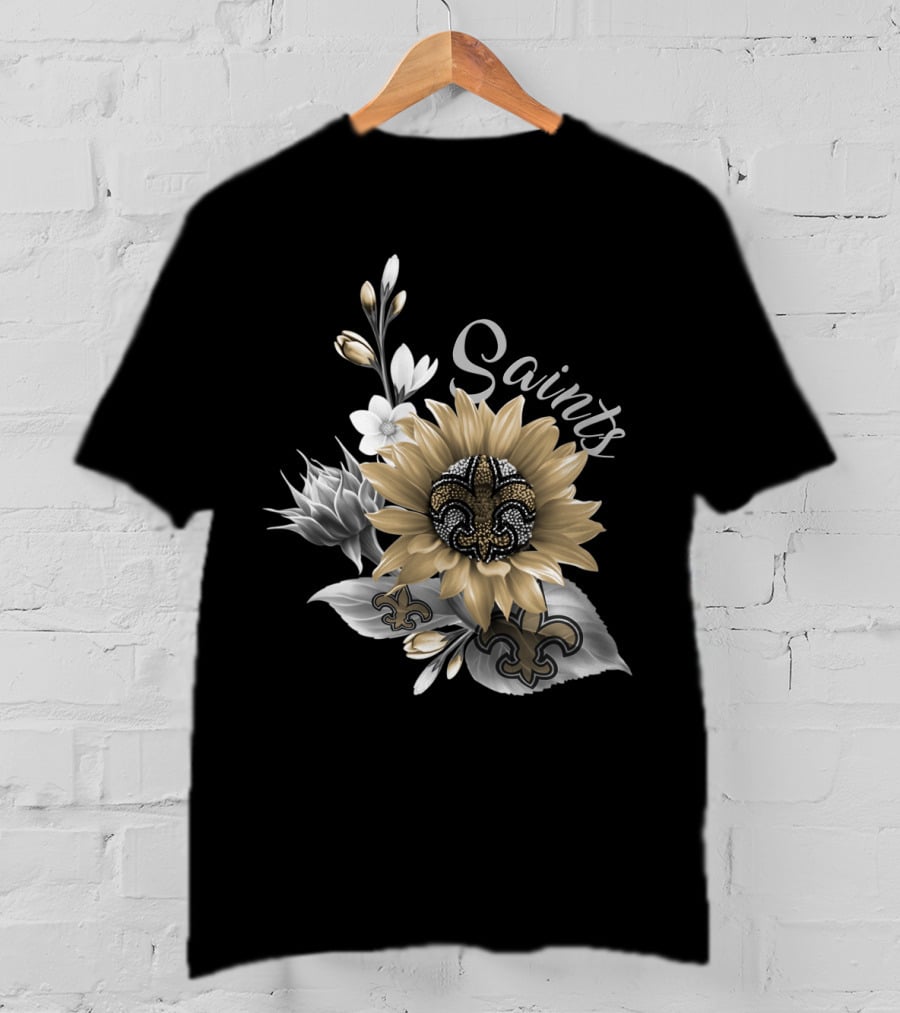 Saints Black And Gold Fleur-De-Lis Floral T-Shirt