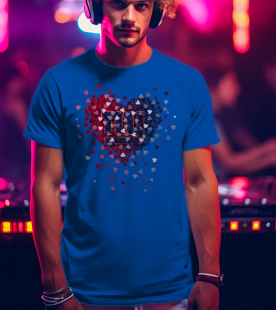 New York Giants Ny Heart Logo With Red And Blue Hearts On Blue T-Shirt