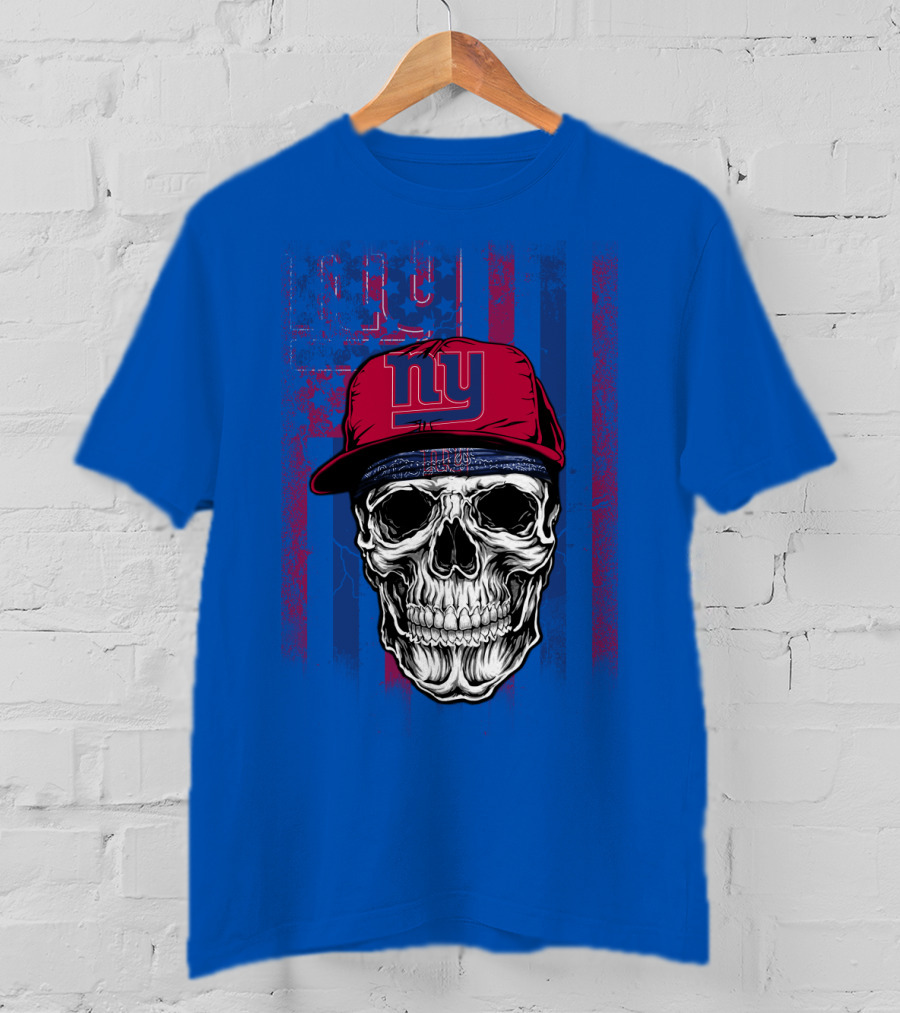 Ny Giants Skull With Red Cap On Blue T-Shirt