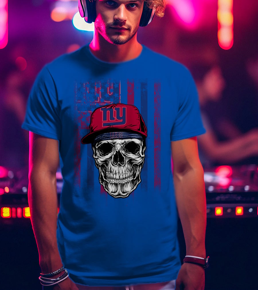 Ny Giants Skull With Red Cap On Blue T-Shirt