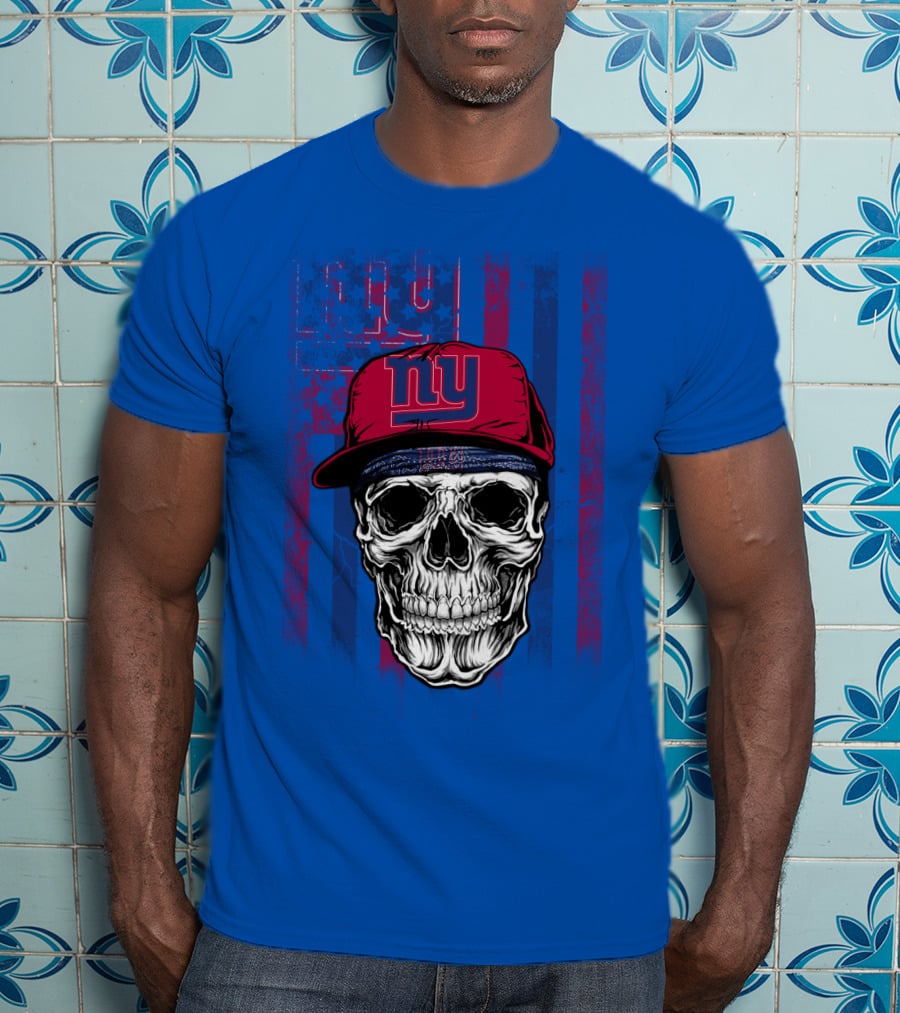 Ny Giants Skull With Red Cap On Blue T-Shirt
