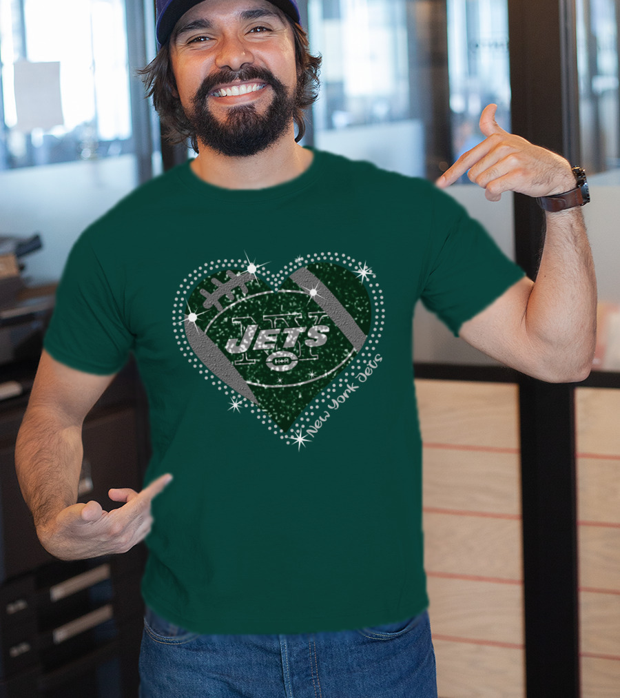 New York Jets Heart Football Sparkle T-Shirt