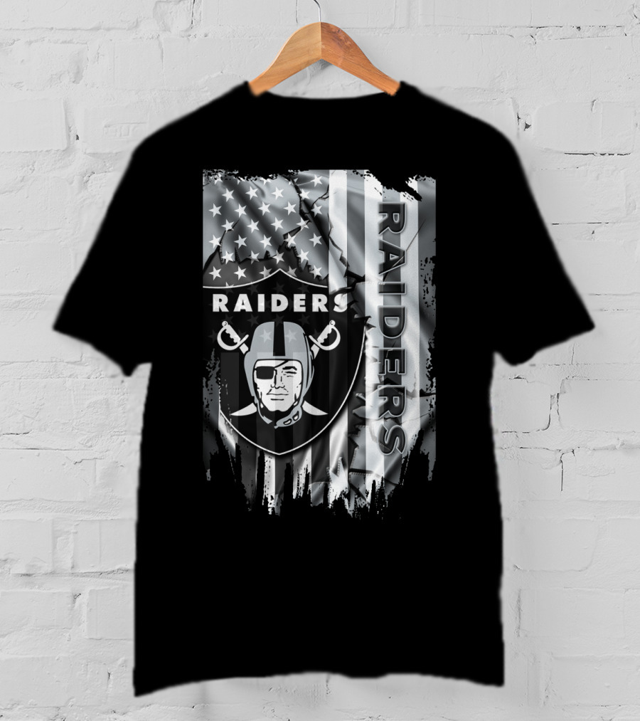 Raiders Nfl Logo With Black And White American Flag T-Shirt