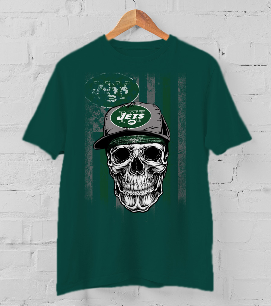 Skull With New York Jets Cap And Logo On Green Stripe T-Shirt