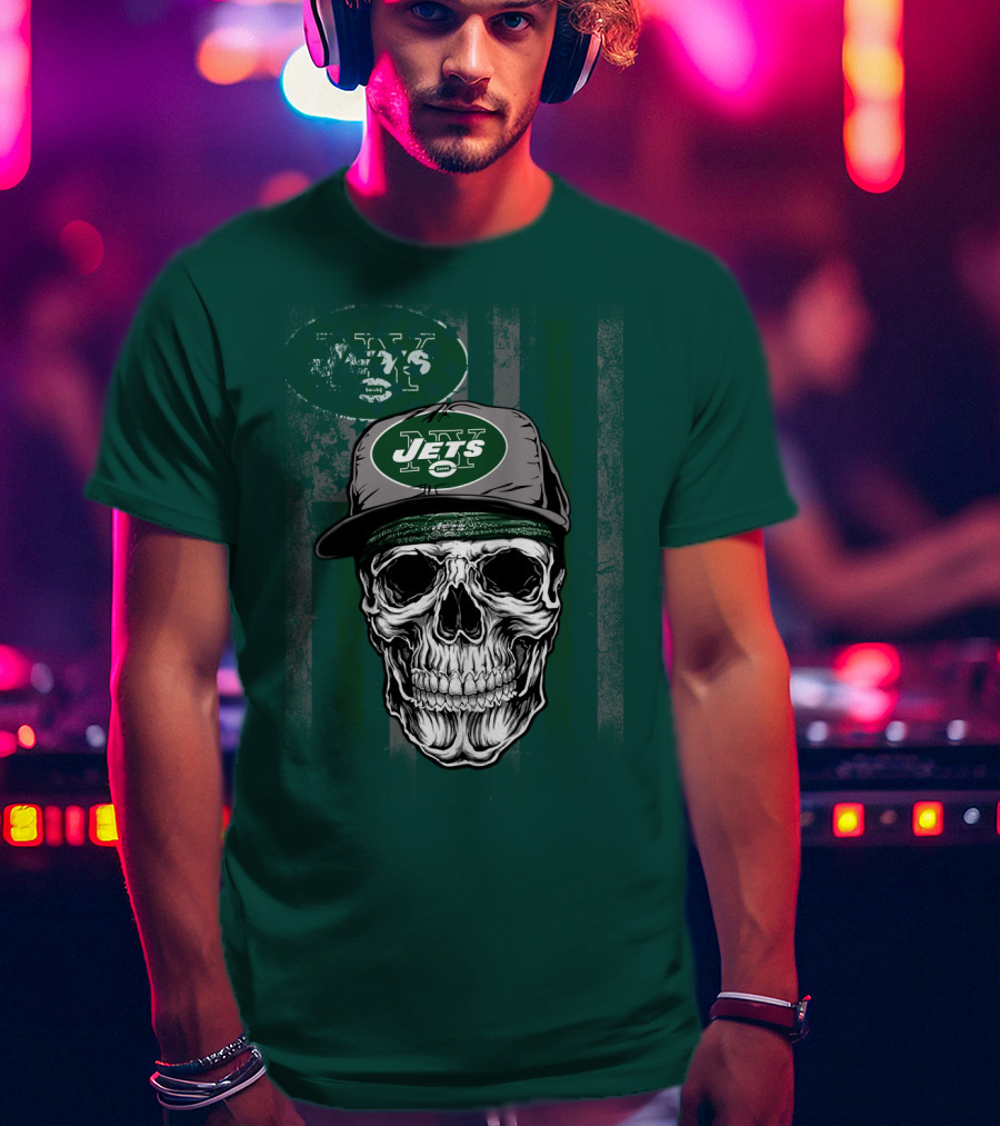 Skull With New York Jets Cap And Logo On Green Stripe T-Shirt