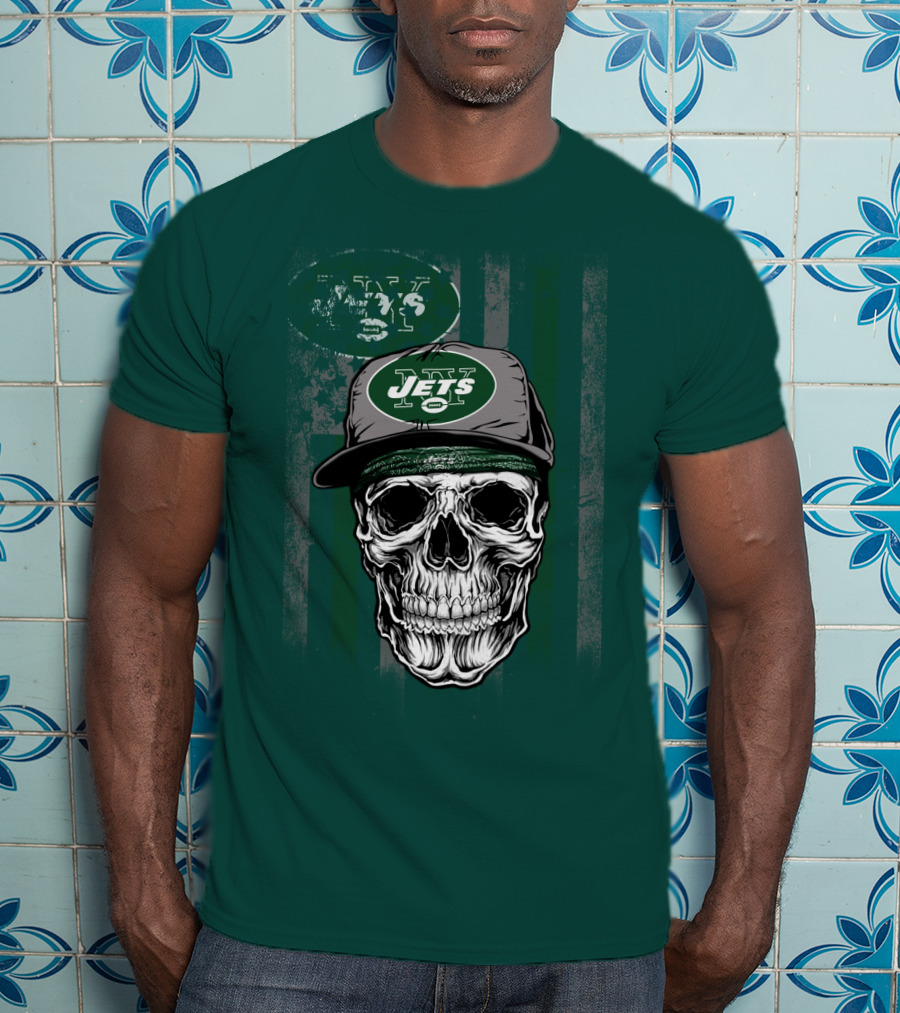 Skull With New York Jets Cap And Logo On Green Stripe T-Shirt