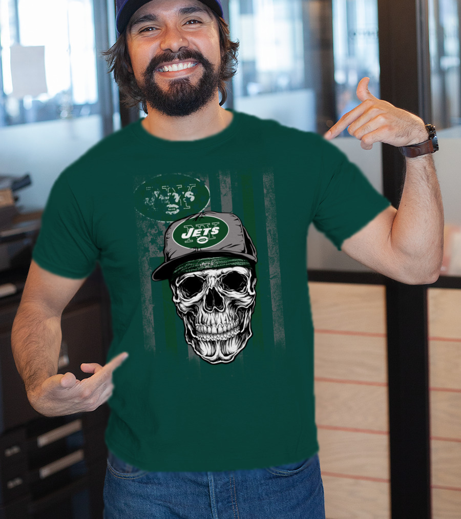 Skull With New York Jets Cap And Logo On Green Stripe T-Shirt
