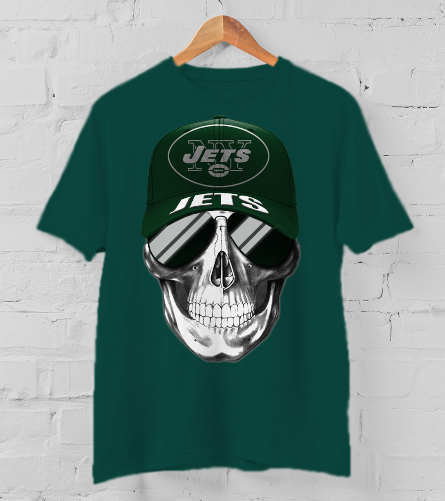 New York Jets Skull With Cap And Sunglasses T-Shirt