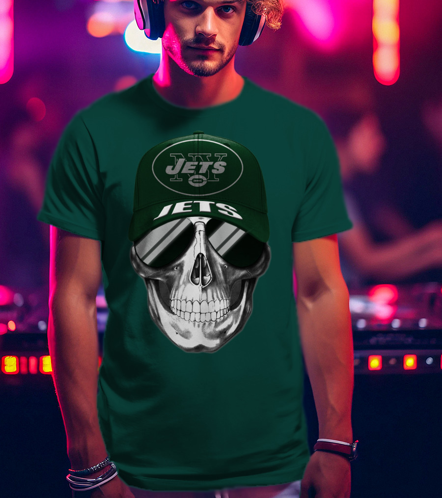 New York Jets Skull With Cap And Sunglasses T-Shirt