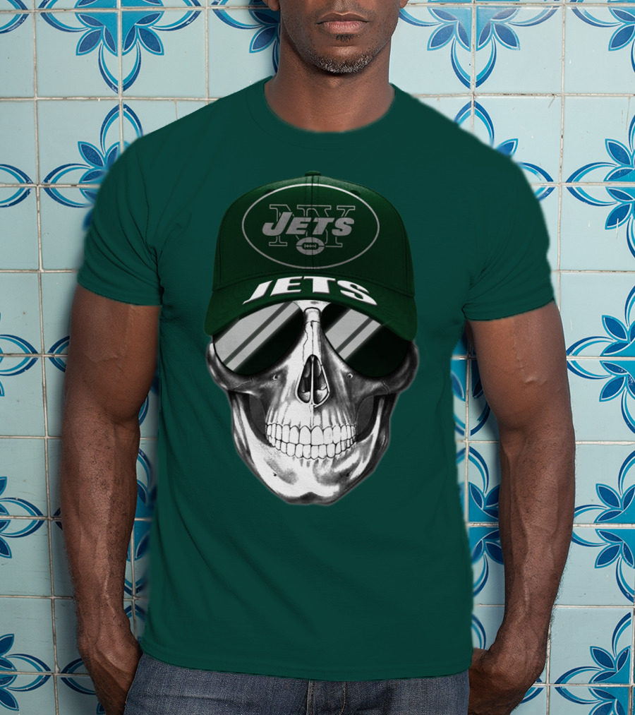New York Jets Skull With Cap And Sunglasses T-Shirt