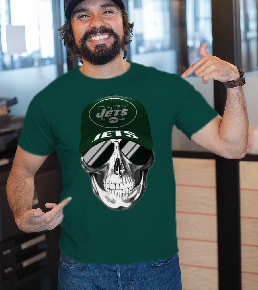 New York Jets Skull With Cap And Sunglasses T-Shirt