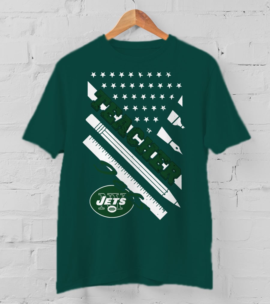 New York Jets Teacher Football Enthusiast American Flag And School Supplies T-Shirt