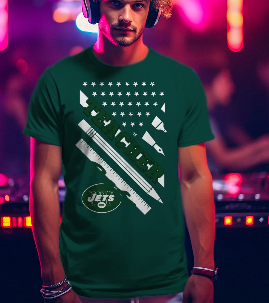 New York Jets Teacher Football Enthusiast American Flag And School Supplies T-Shirt
