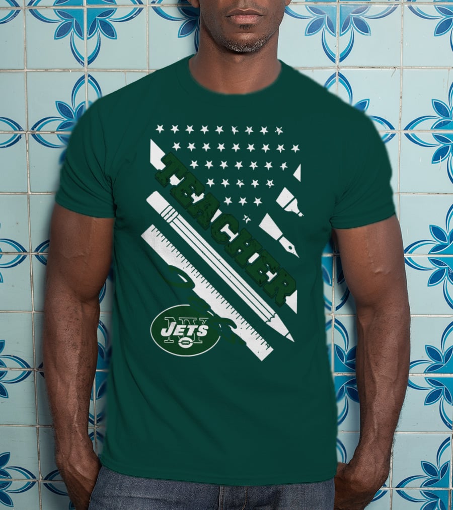 New York Jets Teacher Football Enthusiast American Flag And School Supplies T-Shirt