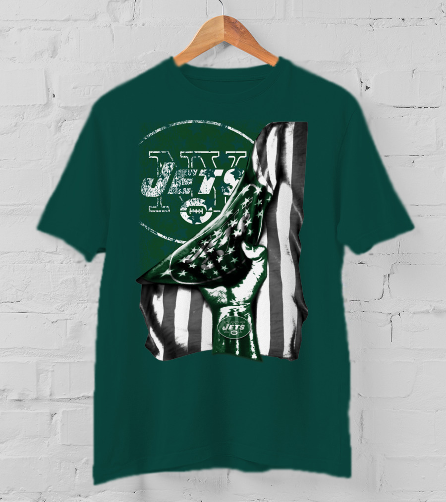New York Jets Logo With Green And White American Flag And Number One Foam Finger T-Shirt