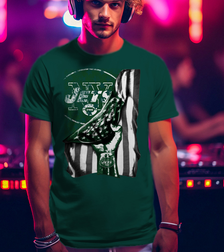 New York Jets Logo With Green And White American Flag And Number One Foam Finger T-Shirt