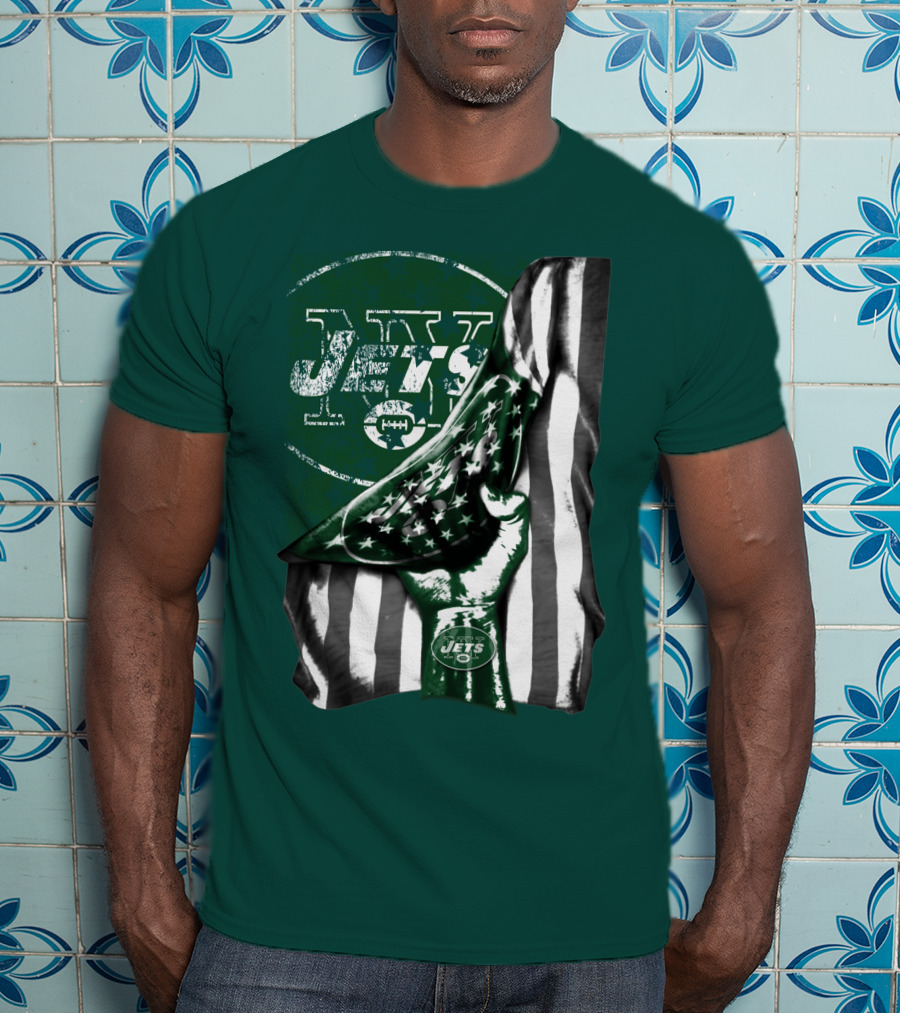 New York Jets Logo With Green And White American Flag And Number One Foam Finger T-Shirt