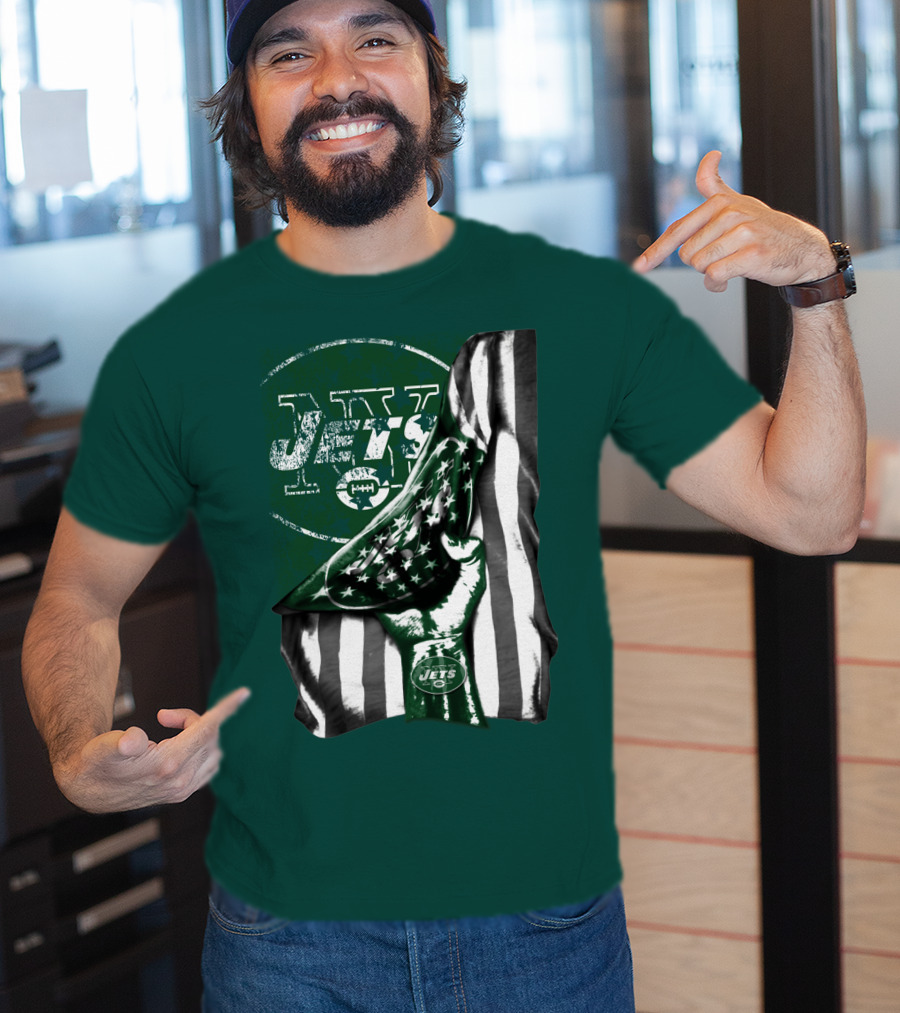 New York Jets Logo With Green And White American Flag And Number One Foam Finger T-Shirt