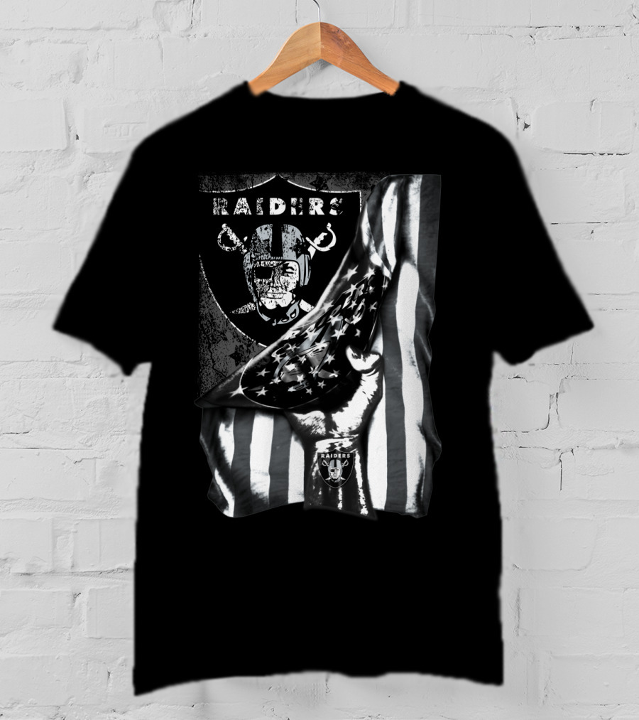 Raiders Shield Helmet And Stars Stripes Black And White Tribute T-Shirt