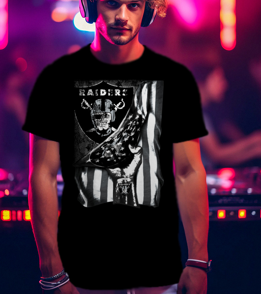 Raiders Shield Helmet And Stars Stripes Black And White Tribute T-Shirt