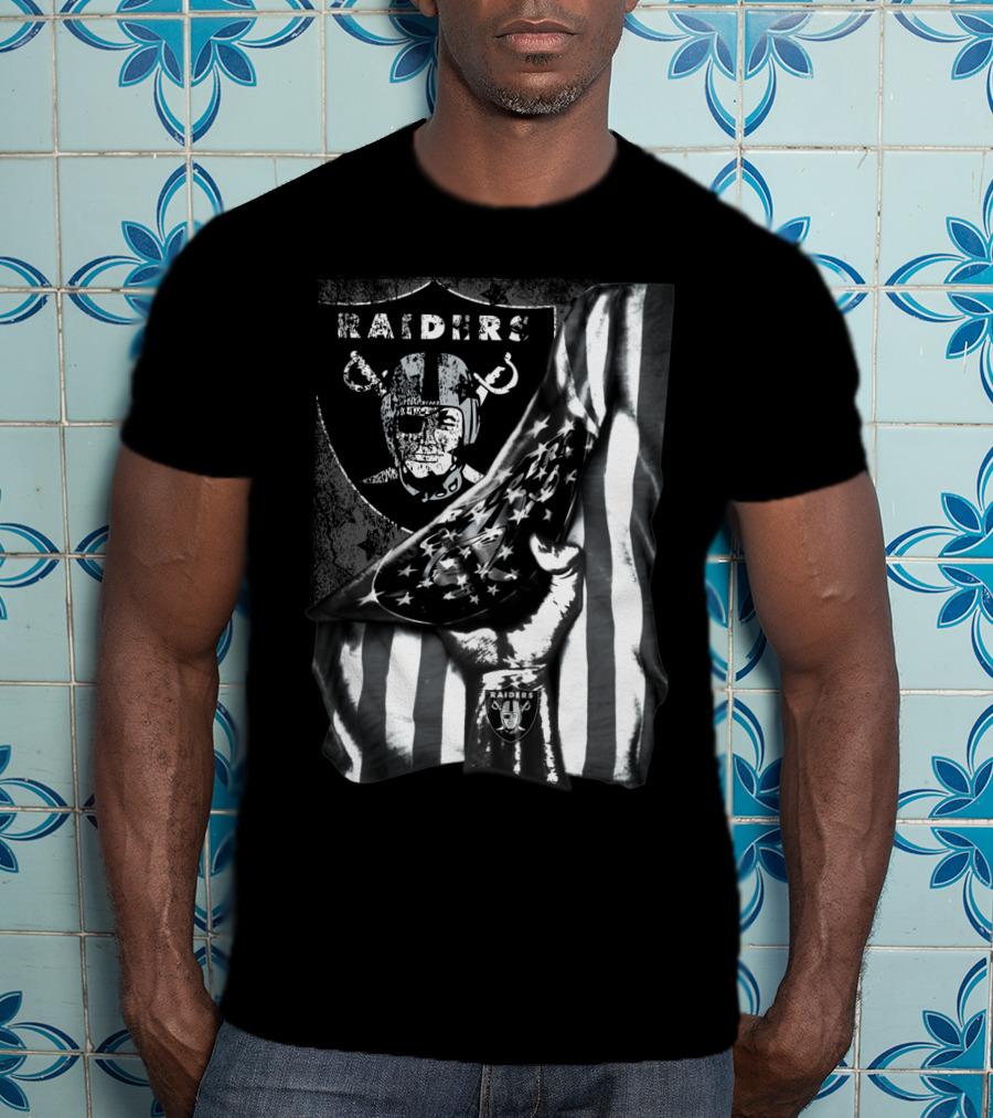 Raiders Shield Helmet And Stars Stripes Black And White Tribute T-Shirt