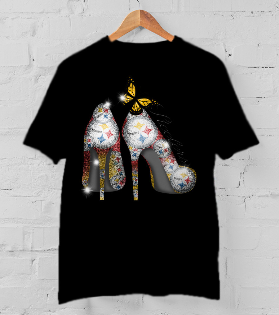 Steelers Pittsburgh High Heels With Yellow Butterfly Sparkle T-Shirt