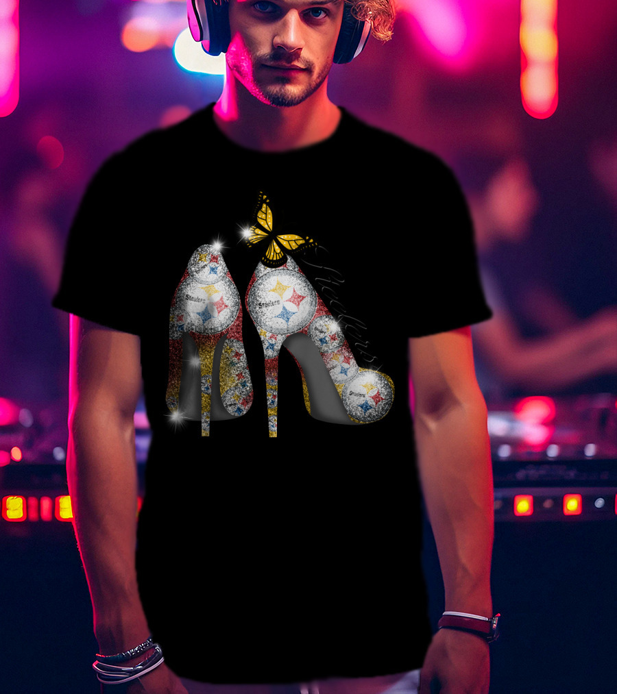 Steelers Pittsburgh High Heels With Yellow Butterfly Sparkle T-Shirt