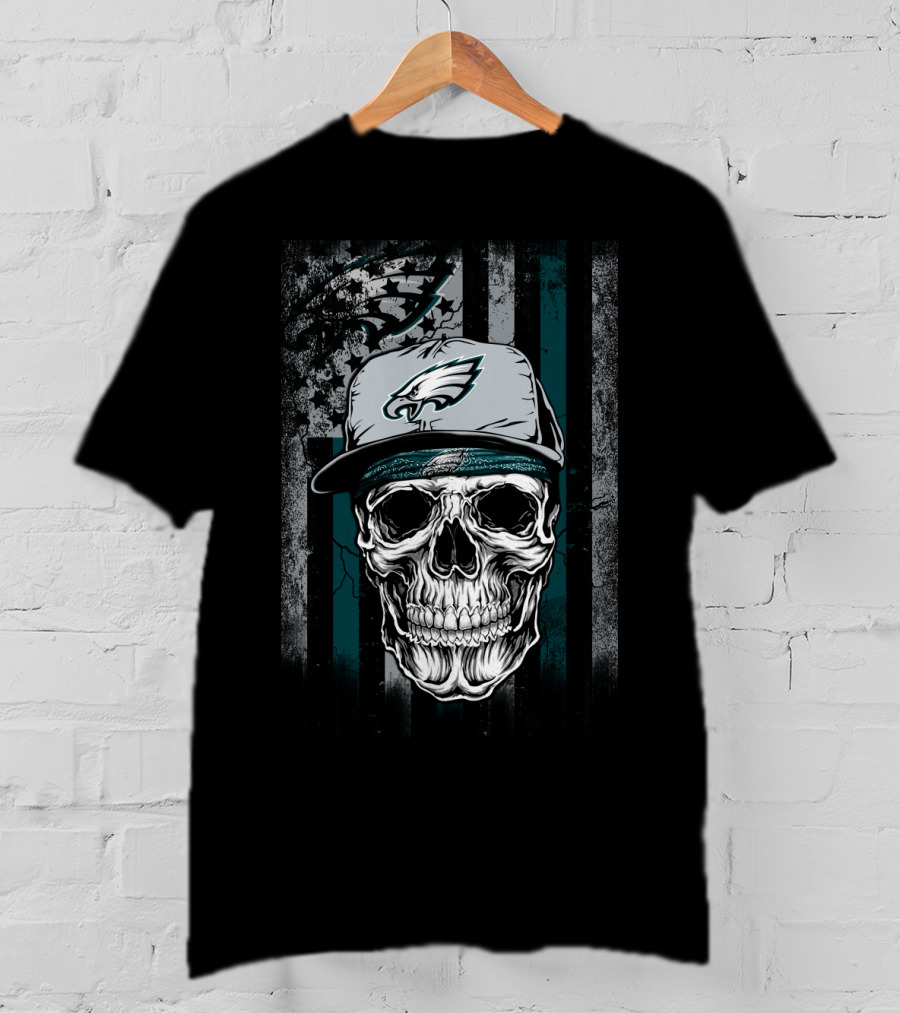 Philadelphia Eagles Skull With Hat On Striped T-Shirt