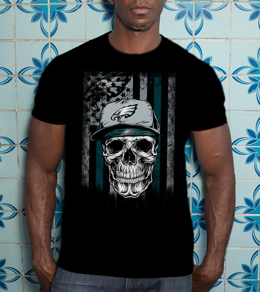 Philadelphia Eagles Skull With Hat On Striped T-Shirt