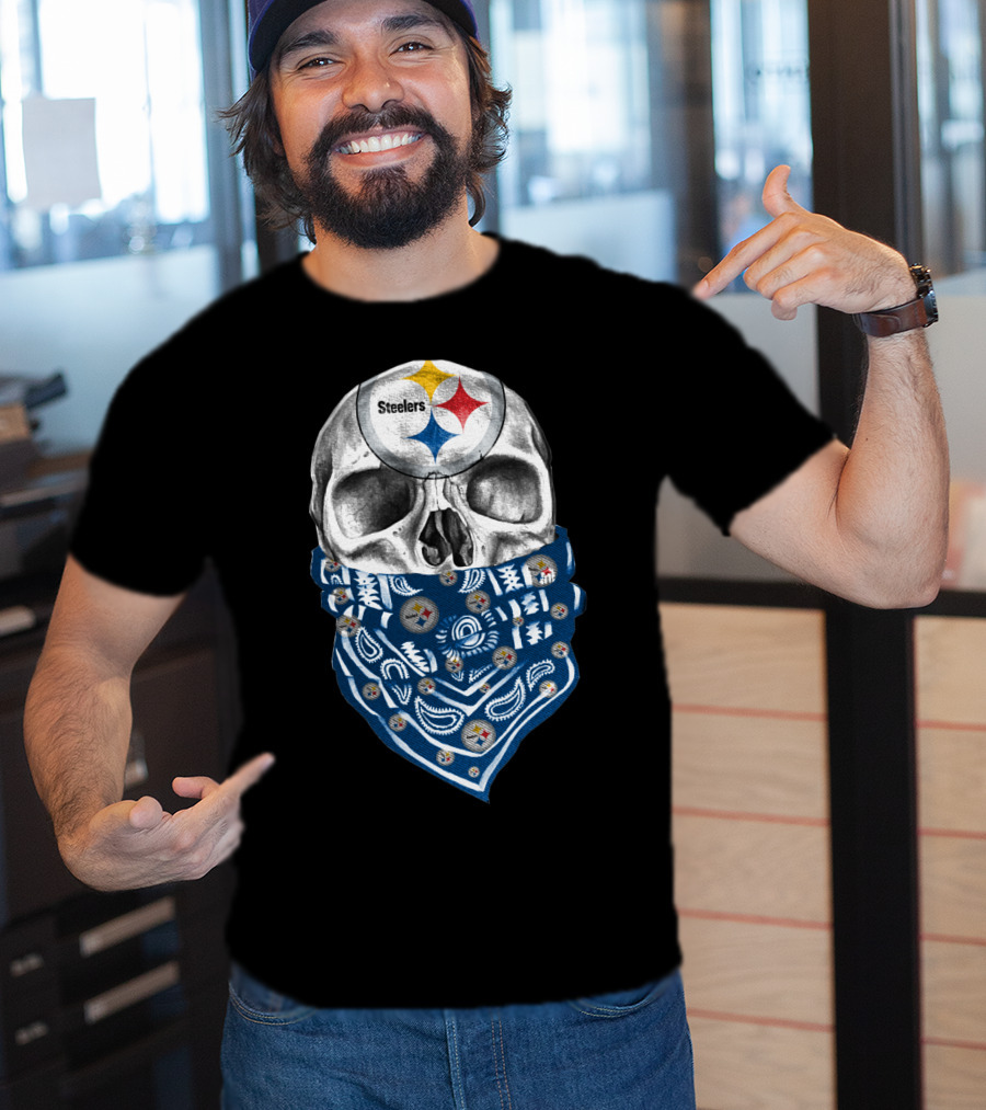 Pittsburgh Steelers Skull Bandana With Team Logo Elements T-Shirt