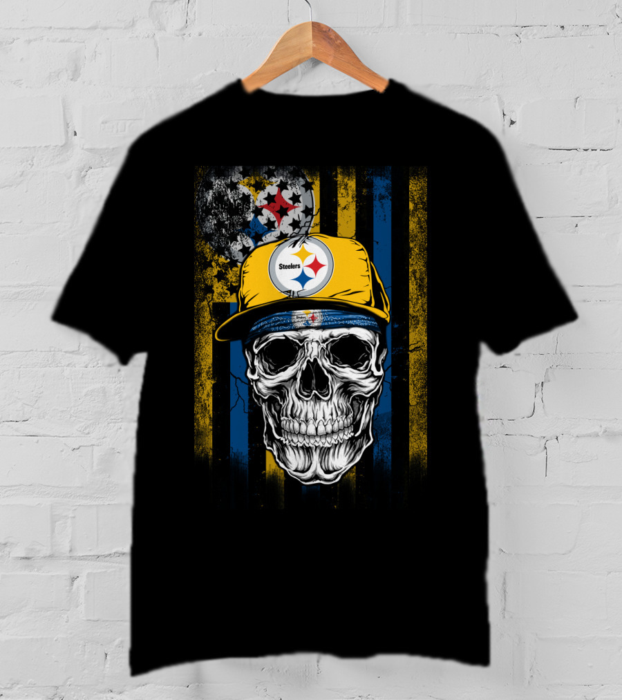 Pittsburgh Steelers Skull With Hat And Black Yellow Stripes T-Shirt