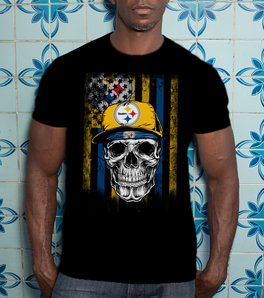 Pittsburgh Steelers Skull With Hat And Black Yellow Stripes T-Shirt