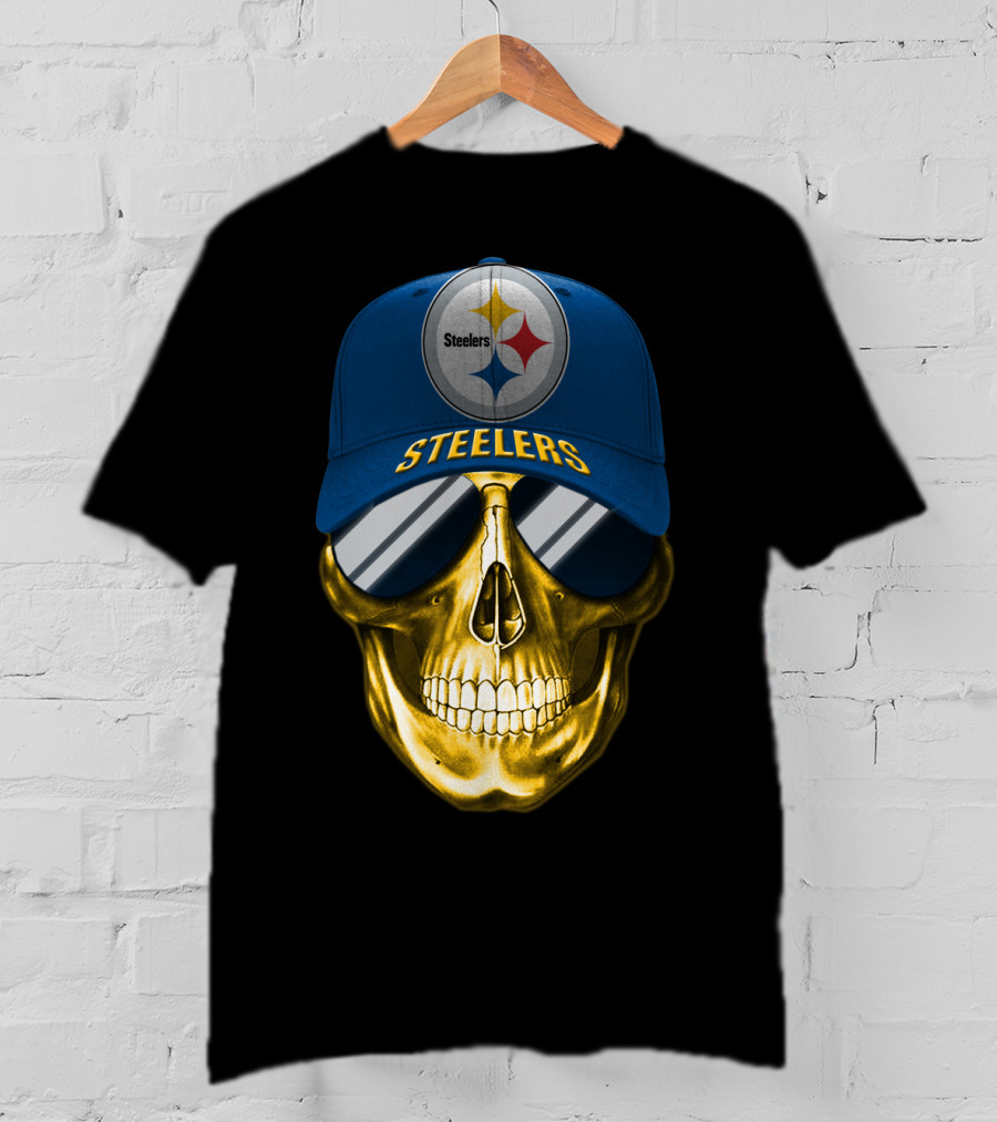 Pittsburgh Steelers Skull Wearing Reflective Sunglasses And Branded Cap T-Shirt