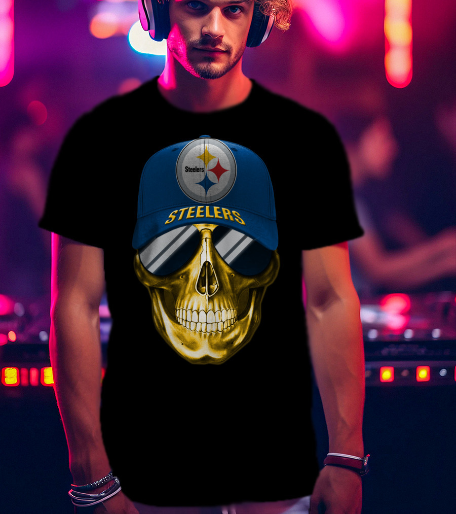 Pittsburgh Steelers Skull Wearing Reflective Sunglasses And Branded Cap T-Shirt