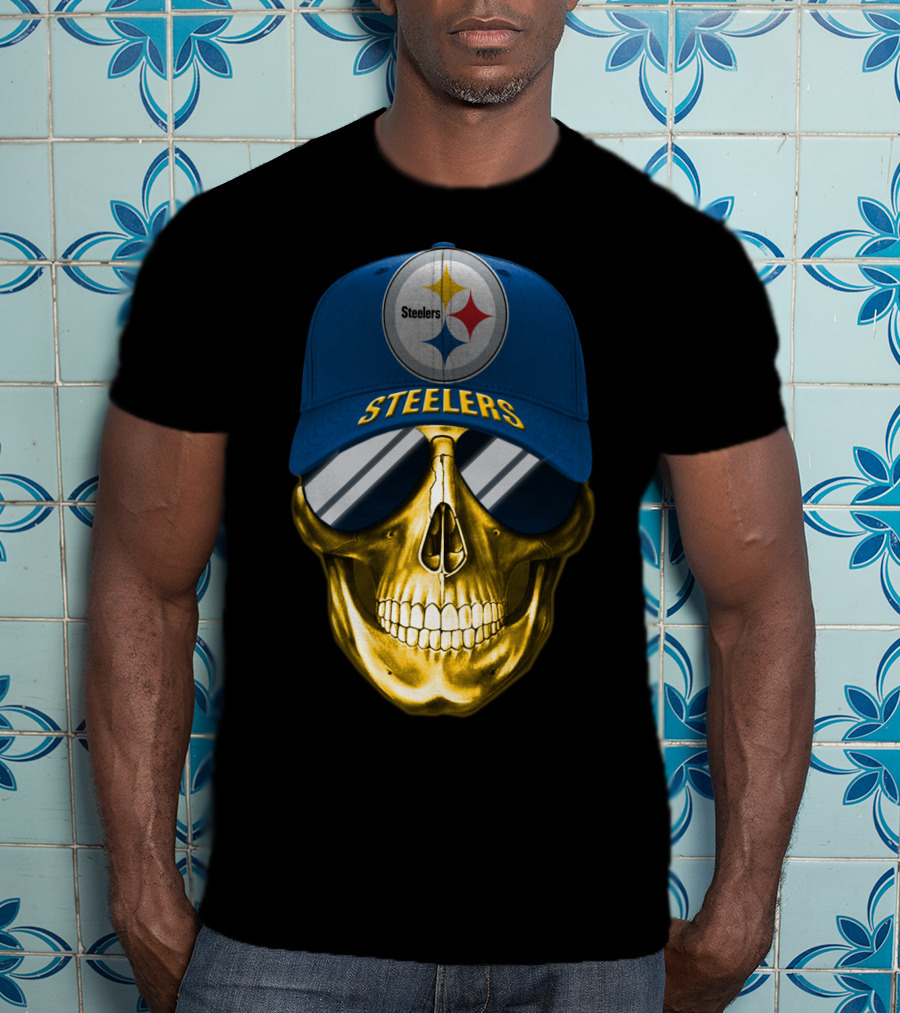 Pittsburgh Steelers Skull Wearing Reflective Sunglasses And Branded Cap T-Shirt