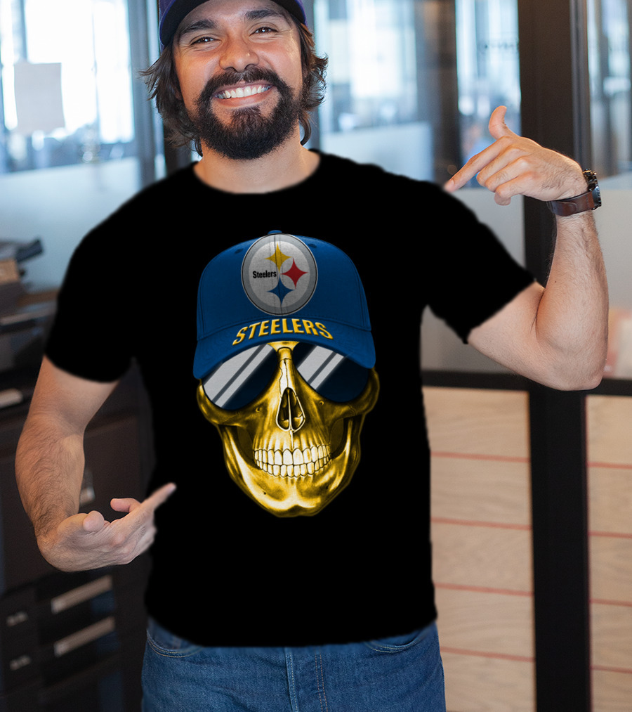 Pittsburgh Steelers Skull Wearing Reflective Sunglasses And Branded Cap T-Shirt