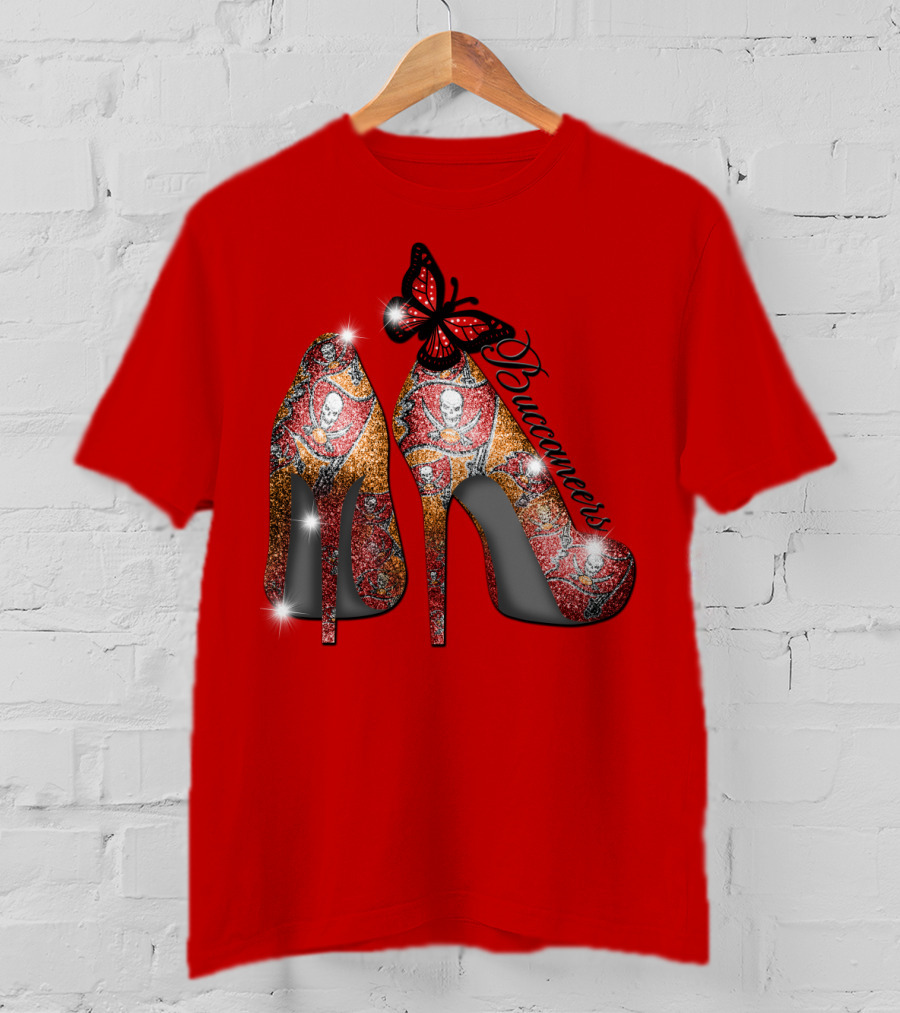 Buccaneers Heels With Red And Gold Skull Pattern Butterfly Accent T-Shirt
