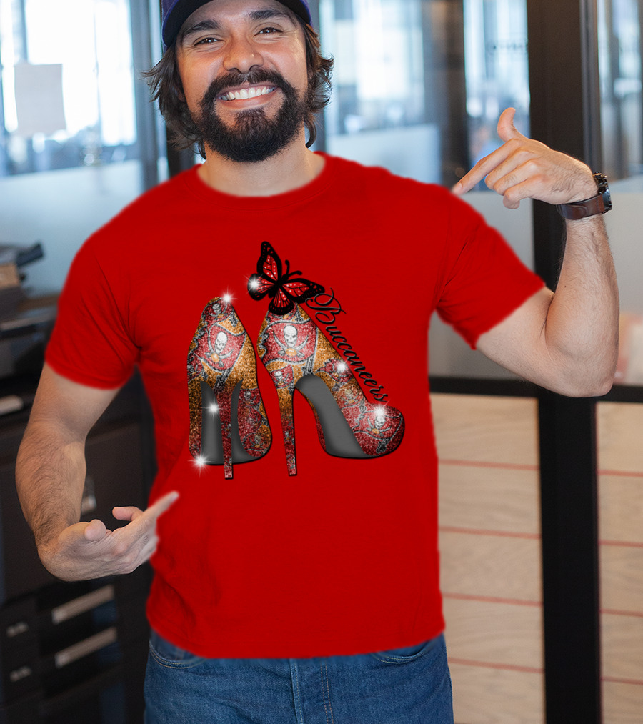 Buccaneers Heels With Red And Gold Skull Pattern Butterfly Accent T-Shirt
