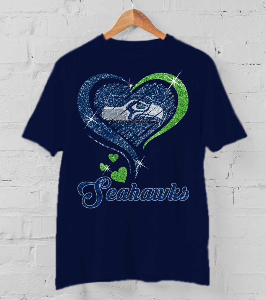Seahawks Heart Logo With Green And Blue Sparkles T-Shirt