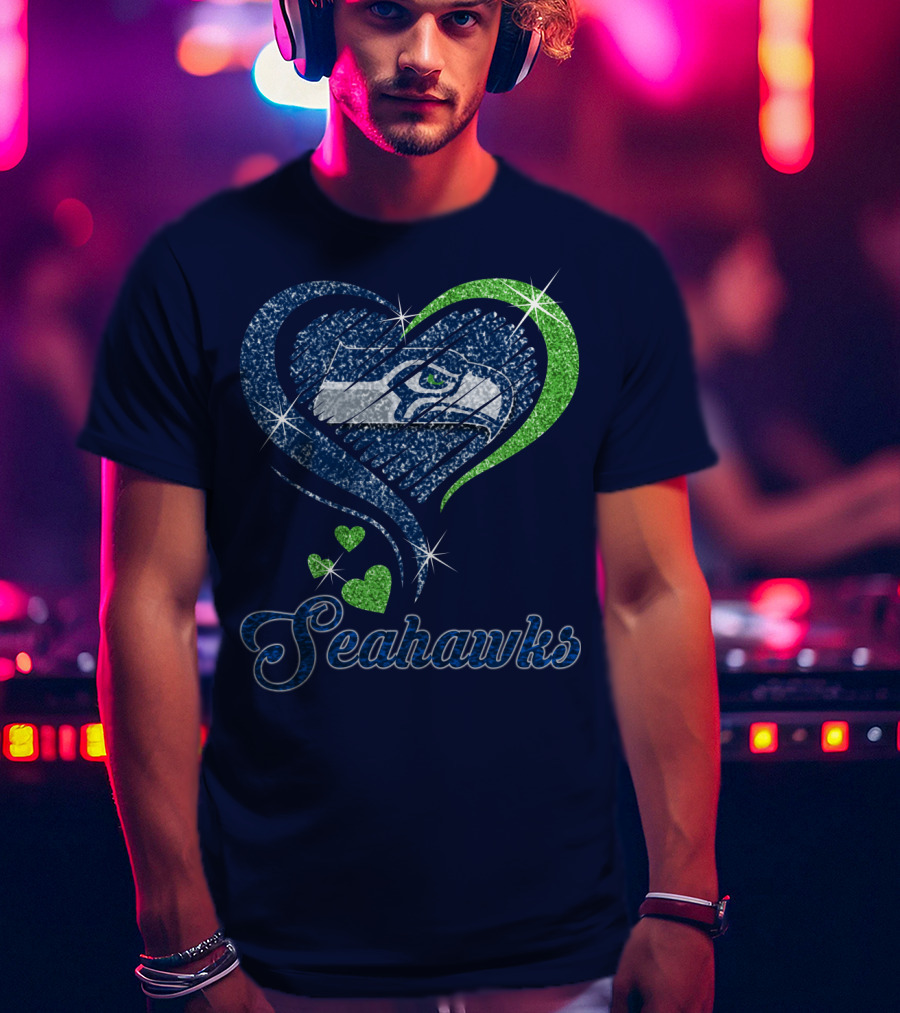 Seahawks Heart Logo With Green And Blue Sparkles T-Shirt