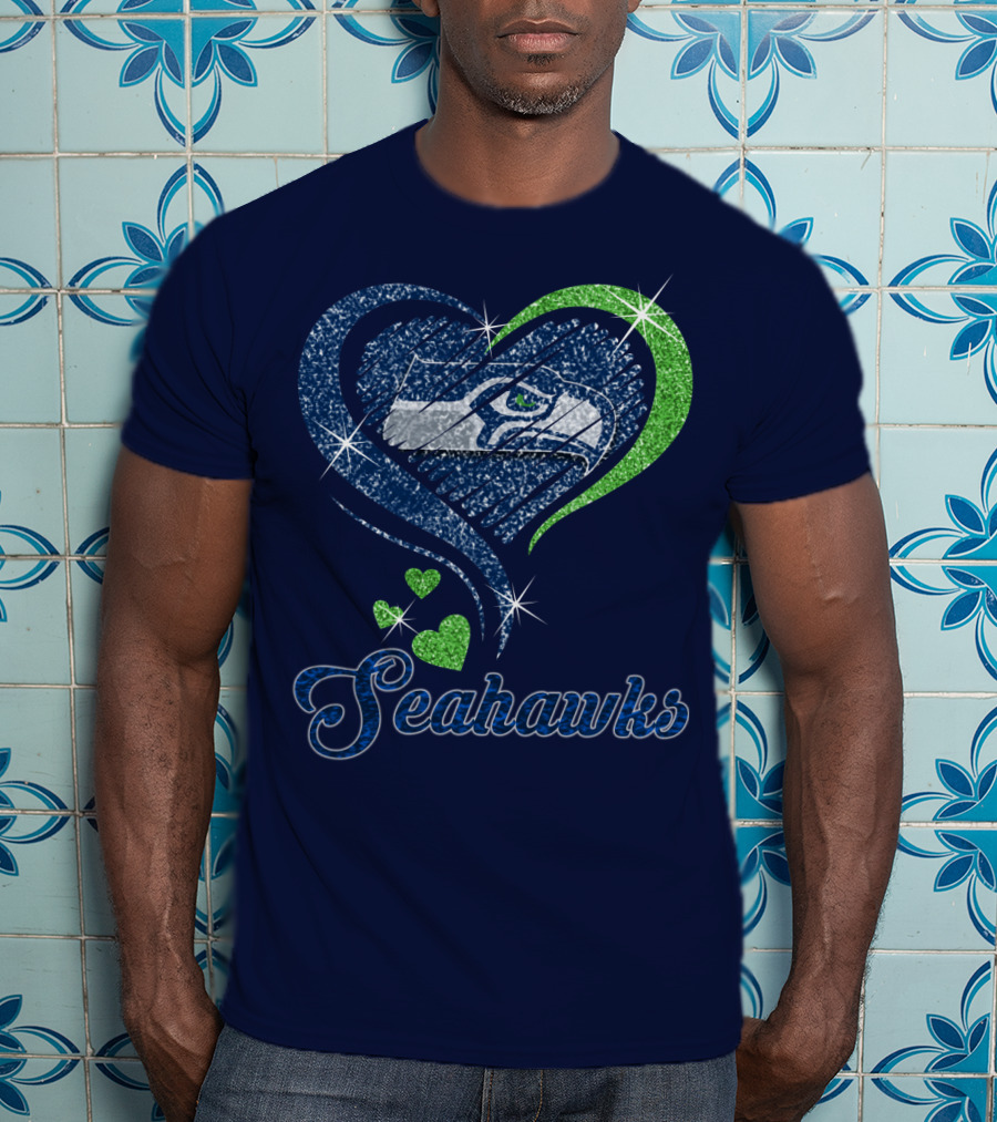 Seahawks Heart Logo With Green And Blue Sparkles T-Shirt