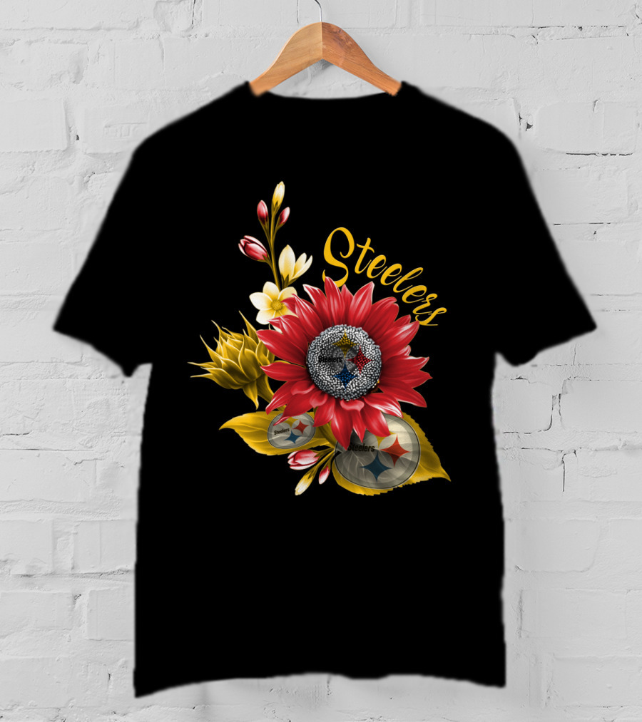 Steelers Floral Emblem With Pittsburgh Steelers Logos And Blooming Flowers T-Shirt