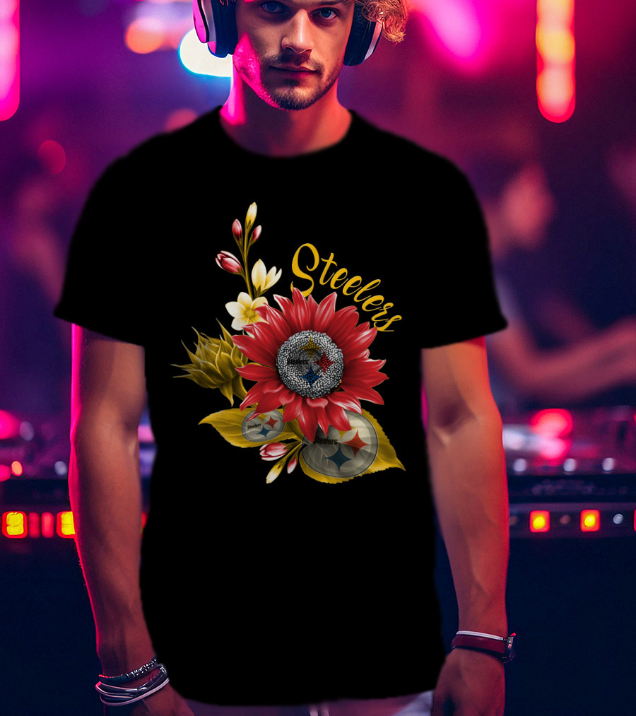 Steelers Floral Emblem With Pittsburgh Steelers Logos And Blooming Flowers T-Shirt